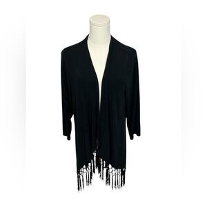 Chicos Travelers Open Cardigan Womens Large Black Tasseled Fringe Slinky Sz 2